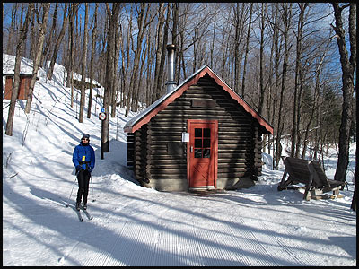 Sue, outside Shilly Shally cabin in Gatineau Park