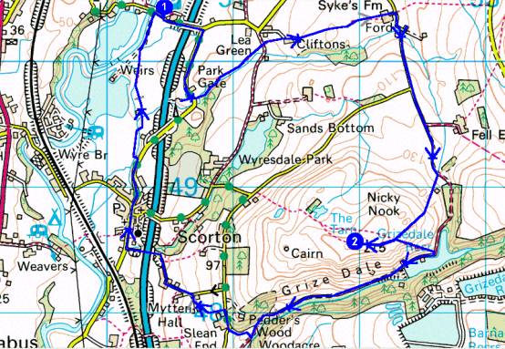 Map showing route of walk to Nicky Nook